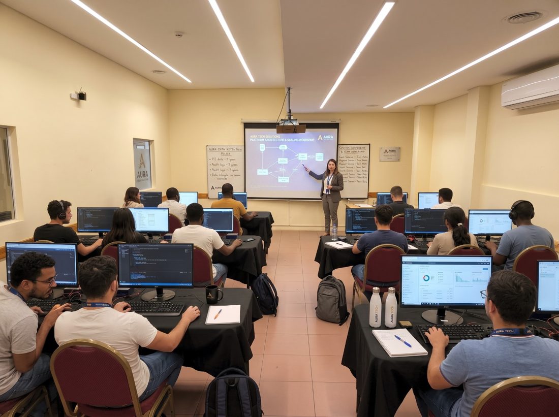 Equipo de una empresa en una capacitación con computadoras